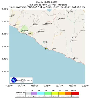 Mapa de aceleración teórica del sismo de magnitud 4.9 a 16 km al O de Atico, Caravelí - Arequipa, Perú