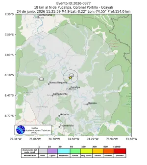 Mapa de aceleración teórica del sismo de magnitud 4.9 a 18 km al N de Pucallpa, Coronel Portillo - Ucayali, Perú