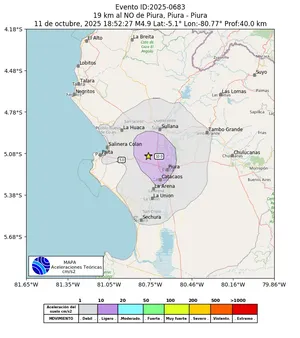 Mapa de aceleración teórica del sismo de magnitud 4.9 a 19 km al NO de Piura, Piura - Piura, Perú
