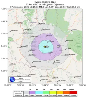 Mapa de aceleración teórica del sismo de magnitud 4.9 a 22 km al NO de Jaén, Jaén - Cajamarca, Perú