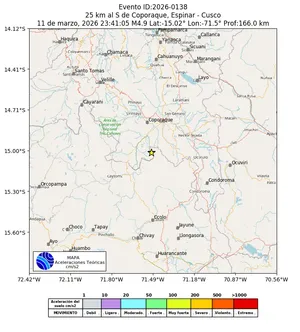 Mapa de aceleración teórica del sismo de magnitud 4.9 a 25 km al S de Coporaque, Espinar - Cusco, Perú