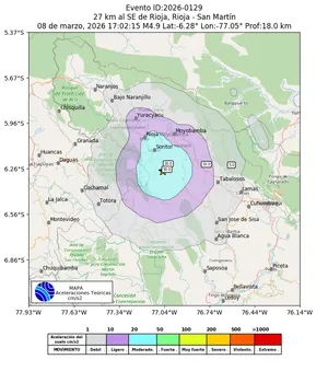 Mapa de aceleración teórica del sismo de magnitud 4.9 a 27 km al SE de Rioja, Rioja - San Martín, Perú