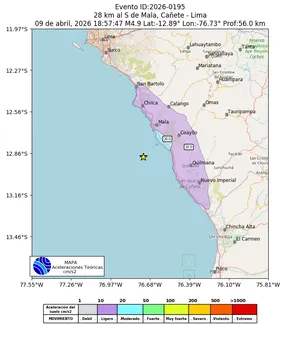 Mapa de aceleración teórica del sismo de magnitud 4.9 a 28 km al S de Mala, Cañete - Lima, Perú