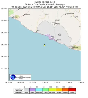 Mapa de aceleración teórica del sismo de magnitud 4.9 a 36 km al O de Ocoña, Camaná - Arequipa, Perú