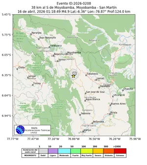 Mapa de aceleración teórica del sismo de magnitud 4.9 a 38 km al S de Moyobamba, Moyobamba - San Martín, Perú