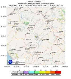 Mapa de aceleración teórica del sismo de magnitud 4.9 a 42 km al SO de Huasicancha, Huancayo - Junín, Perú
