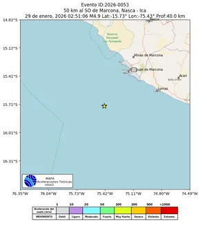 Mapa de aceleración teórica del sismo de magnitud 4.9 a 50 km al SO de Marcona, Nasca - Ica, Perú