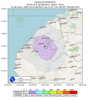 Mapa de aceleración teórica del sismo de magnitud 4.9 a 52 km al E de Máncora, Talara - Piura, Perú