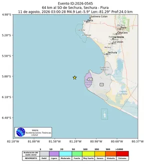 Mapa de aceleración teórica del sismo de magnitud 4.9 a 64 km al SO de Sechura, Sechura - Piura, Perú