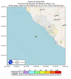 Mapa de aceleración teórica del sismo de magnitud 4.9 a 72 km al O de San Juan de Marcona, Nasca - Ica, Perú