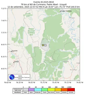 Mapa de aceleración teórica del sismo de magnitud 4.9 a 78 km al NO de Curimana, Padre Abad - Ucayali, Perú