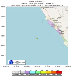 Mapa de aceleración teórica del sismo de magnitud 4.9 a 78 km al O de Trujillo, Trujillo - La Libertad, Perú