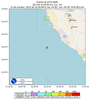 Mapa de aceleración teórica del sismo de magnitud 4 a 101 km al SO de Ica, Ica - Ica, Perú