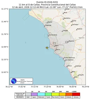 Mapa de aceleración teórica del sismo de magnitud 4 a 11 km al O de Callao, Provincia Constitucional del Callao, Perú