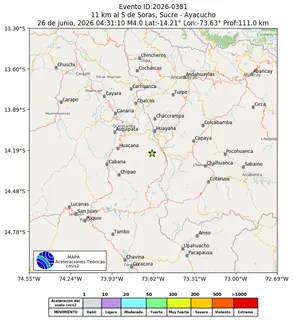 Mapa de aceleración teórica del sismo de magnitud 4 a 11 km al S de Soras, Sucre - Ayacucho, Perú