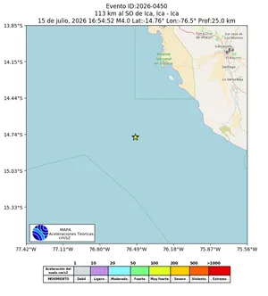 Mapa de aceleración teórica del sismo de magnitud 4 a 113 km al SO de Ica, Ica - Ica, Perú