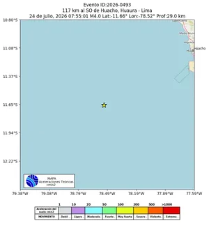 Mapa de aceleración teórica del sismo de magnitud 4 a 117 km al SO de Huacho, Huaura - Lima, Perú