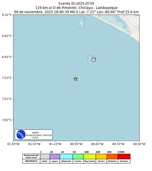 Mapa de aceleración teórica del sismo de magnitud 4 a 119 km al O de Pimentel, Chiclayo - Lambayeque, Perú