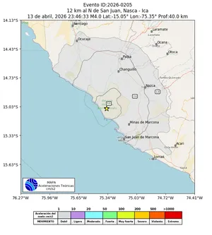 Mapa de aceleración teórica del sismo de magnitud 4 a 12 km al N de San Juan, Nasca - Ica, Perú