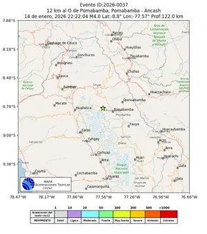 Mapa de aceleración teórica del sismo de magnitud 4 a 12 km al O de Pomabamba, Pomabamba - Áncash, Perú