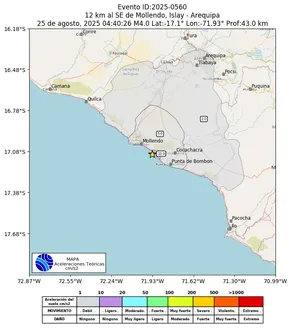 Mapa de aceleración teórica del sismo de magnitud 4 a 12 km al SE de Mollendo, Islay - Arequipa, Perú