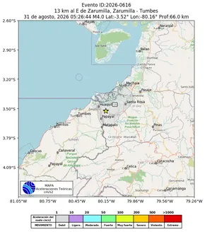 Mapa de aceleración teórica del sismo de magnitud 4 a 13 km al E de Zarumilla, Zarumilla - Tumbes, Perú