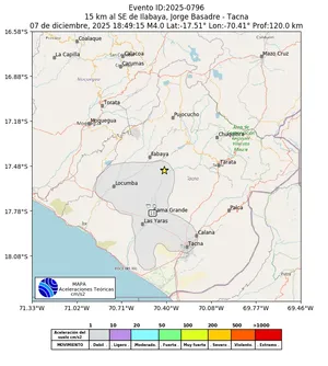 Mapa de aceleración teórica del sismo de magnitud 4 a 15 km al SE de Ilabaya, Jorge Basadre - Tacna, Perú