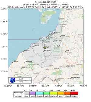Mapa de aceleración teórica del sismo de magnitud 4 a 15 km al SE de Zarumilla, Zarumilla - Tumbes, Perú