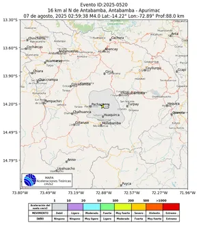 Mapa de aceleración teórica del sismo de magnitud 4 a 16 km al N de Antabamba, Antabamba - Apurimac, Perú