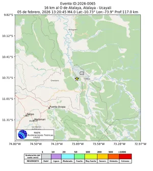 Mapa de aceleración teórica del sismo de magnitud 4 a 16 km al O de Atalaya, Atalaya - Ucayali, Perú