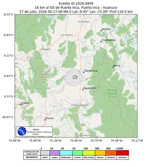 Mapa de aceleración teórica del sismo de magnitud 4 a 16 km al SO de Puerto Inca, Puerto Inca - Huánuco, Perú