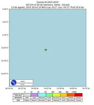 Mapa de aceleración teórica del sismo de magnitud 4 a 163 km al SO de Samanco, Santa - Ancash, Perú
