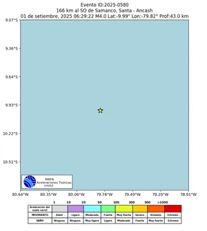 Mapa de aceleración teórica del sismo de magnitud 4 a 166 km al SO de Samanco, Santa - Ancash, Perú