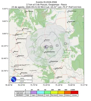Mapa de aceleración teórica del sismo de magnitud 4 a 17 km al S de Pozuzo, Oxapampa - Pasco, Perú
