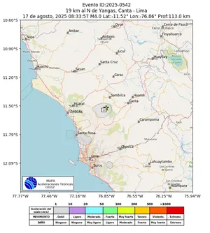 Mapa de aceleración teórica del sismo de magnitud 4 a 19 km al N de Yangas, Canta - Lima, Perú