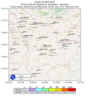 Mapa de aceleración teórica del sismo de magnitud 4 a 19 km al NE de Chalhuanca, Aymaraes - Apurímac, Perú