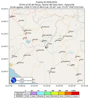 Mapa de aceleración teórica del sismo de magnitud 4 a 19 km al SE de Pausa, Paucar del Sara Sara - Ayacucho, Perú