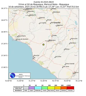 Mapa de aceleración teórica del sismo de magnitud 4 a 19 km al SO de Moquegua, Mariscal Nieto - Moquegua, Perú