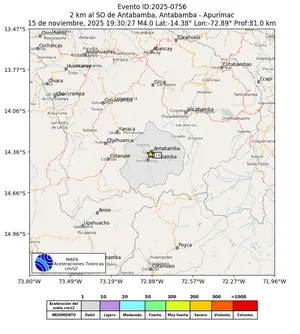 Mapa de aceleración teórica del sismo de magnitud 4 a 2 km al SO de Antabamba, Antabamba - Apurímac, Perú
