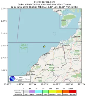 Mapa de aceleración teórica del sismo de magnitud 4 a 20 km al N de Zorritos, Contralmirante Villar - Tumbes, Perú