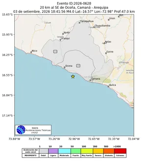 Mapa de aceleración teórica del sismo de magnitud 4 a 20 km al SE de Ocoña, Camaná - Arequipa, Perú