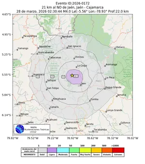 Mapa de aceleración teórica del sismo de magnitud 4 a 21 km al NO de Jaén, Jaén - Cajamarca, Perú