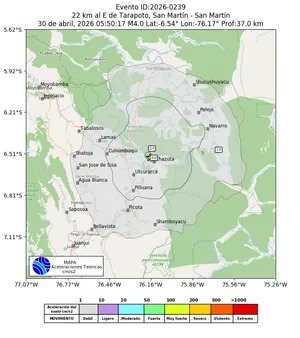 Mapa de aceleración teórica del sismo de magnitud 4 a 22 km al E de Tarapoto, San Martín - San Martín, Perú