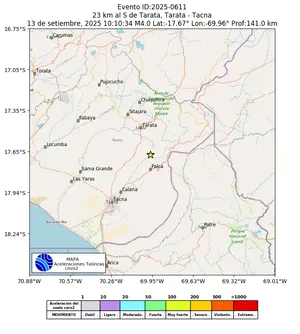 Mapa de aceleración teórica del sismo de magnitud 4 a 23 km al S de Tarata, Tarata - Tacna, Perú