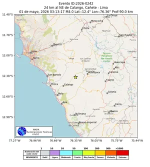 Mapa de aceleración teórica del sismo de magnitud 4 a 24 km al NE de Calango, Cañete - Lima, Perú