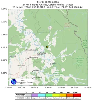 Mapa de aceleración teórica del sismo de magnitud 4 a 24 km al NE de Pucallpa, Coronel Portillo - Ucayali, Perú