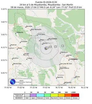Mapa de aceleración teórica del sismo de magnitud 4 a 24 km al S de Moyobamba, Moyobamba - San Martín, Perú