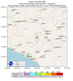 Mapa de aceleración teórica del sismo de magnitud 4 a 25 km al O de Pullo, Parinacochas - Ayacucho, Perú