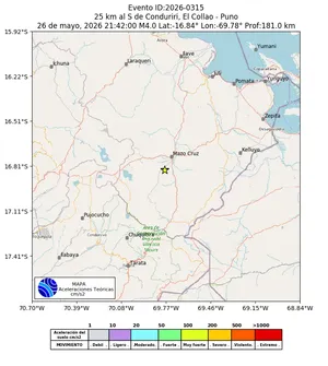 Mapa de aceleración teórica del sismo de magnitud 4 a 25 km al S de Conduriri, El Collao - Puno, Perú