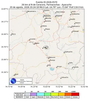 Mapa de aceleración teórica del sismo de magnitud 4 a 26 km al N de Coracora, Parinacochas - Ayacucho, Perú